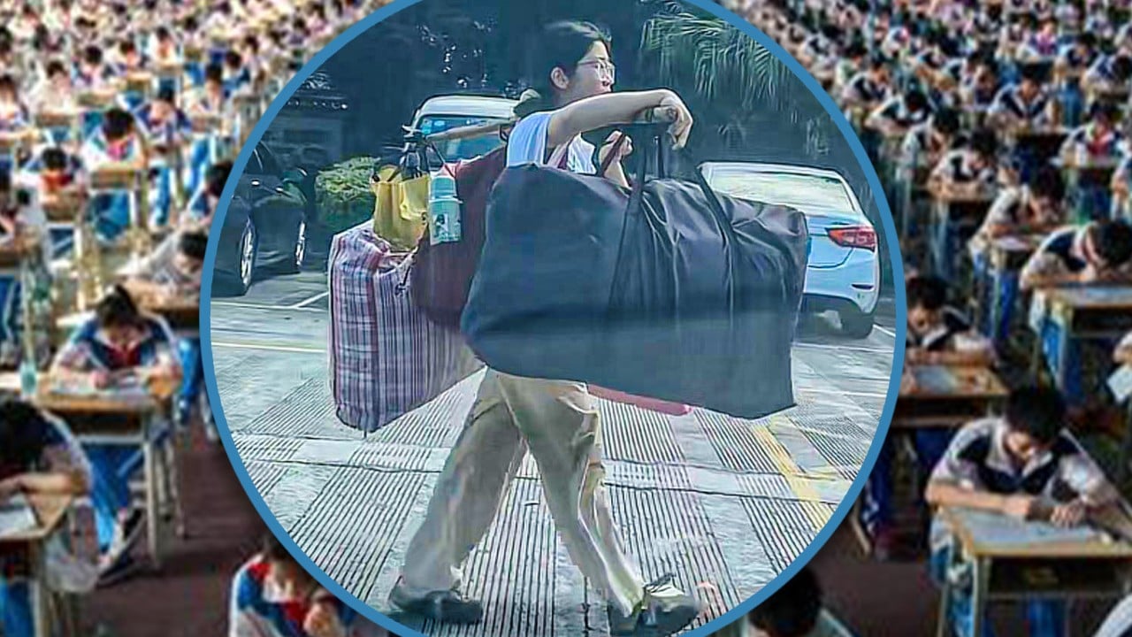 Chinese girl walks home with luggage balanced on pole after exam, inspires many