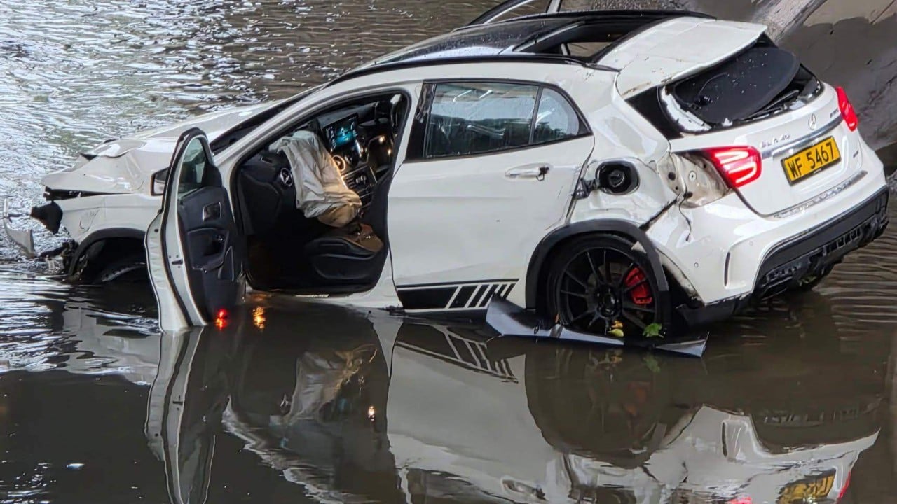 Crashed Mercedes-Benz car found abandoned in Hong Kong drainage channel