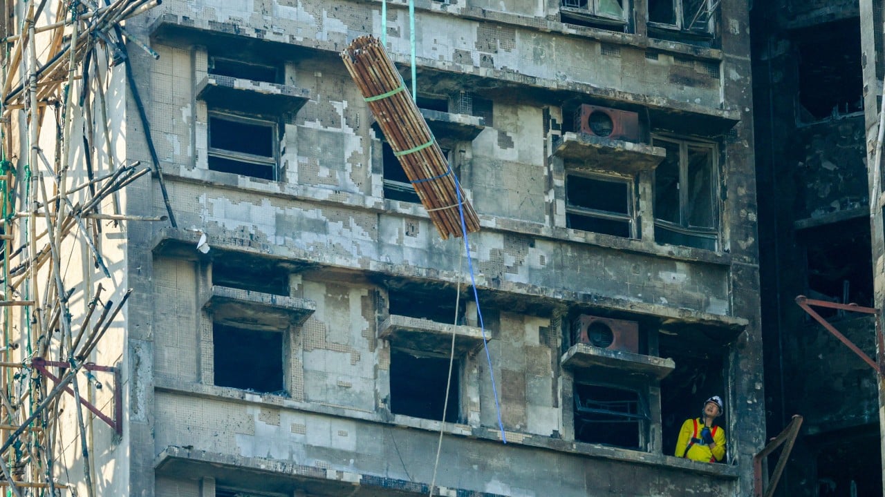 Steel bars brought in to strengthen building ravaged in Hong Kong’s Tai Po blaze