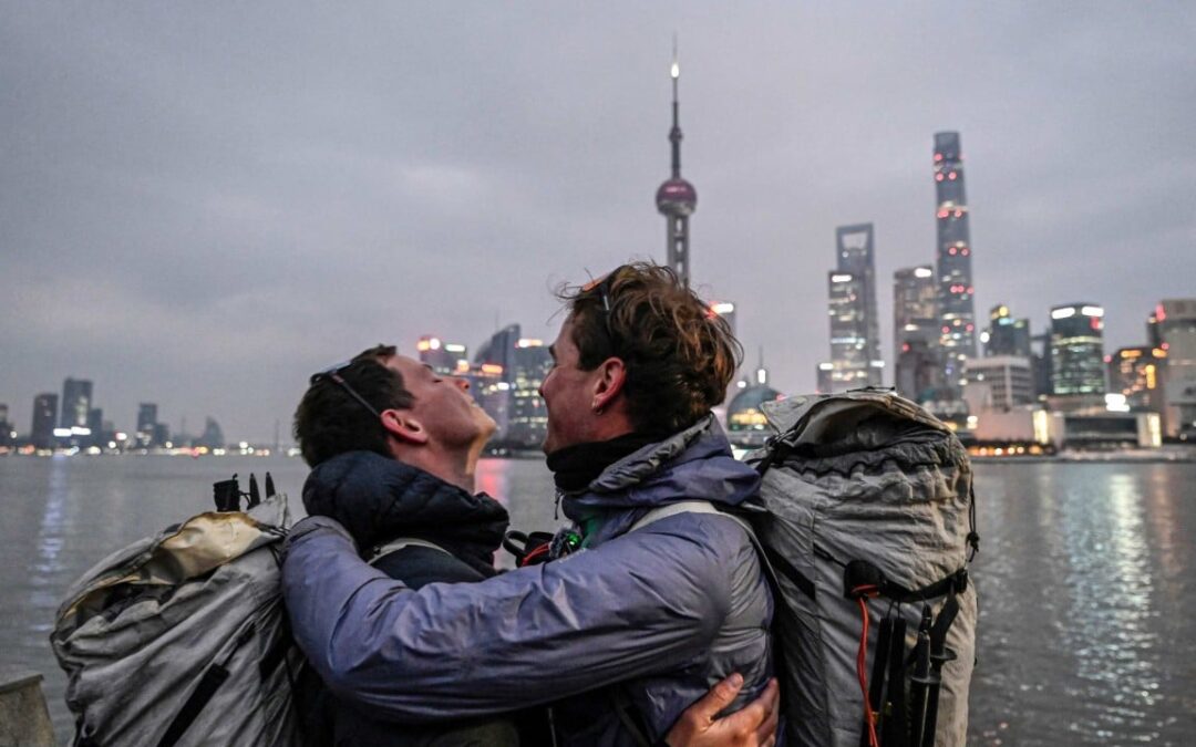 French duo reach Shanghai, China, after walking over 12,000km in 518 days