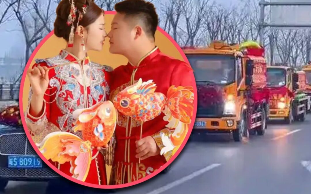 Chinese man uses septic tank trucks on wedding day; bride happily embraces unique choice