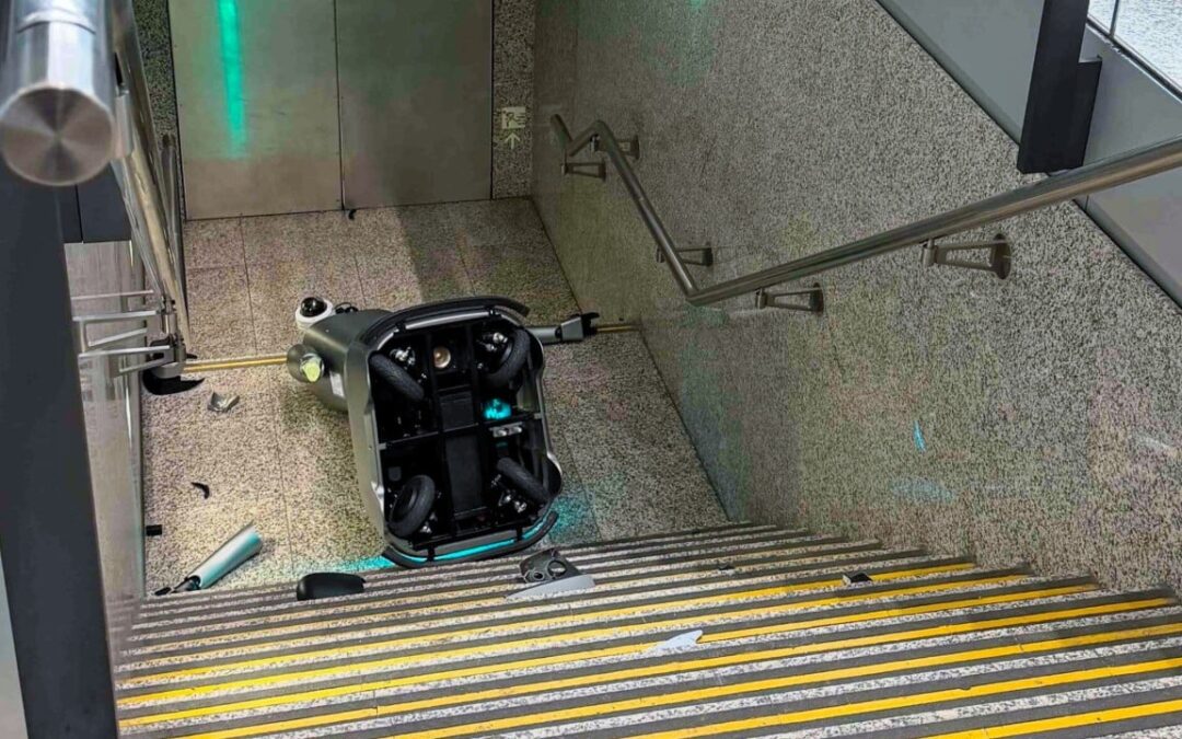 Patrolling robot damaged after falling down staircase at Hong Kong airport